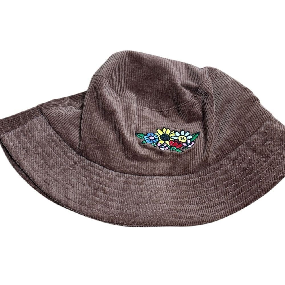 Lazy‎ oaf women’s brown bucket hat corduroy chocolate brown floral embroidered